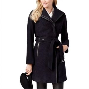 NWT Tahari Elaine Navy Blue Belted Wool Coat with Faux Leather Trim, Navy, XL